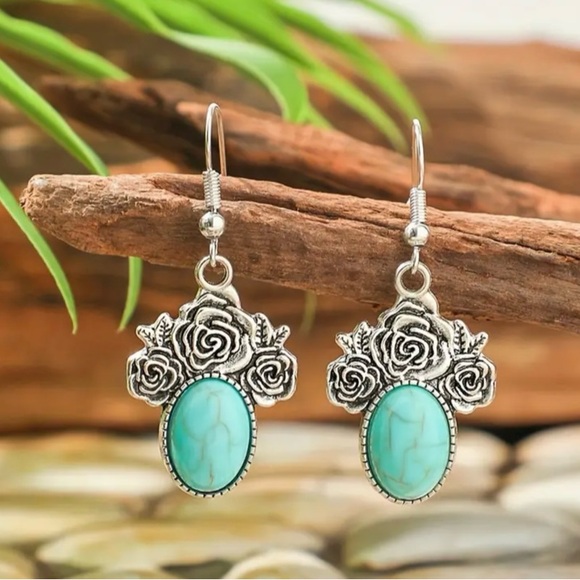 NEW faux Turquoise Earrings, Silvery roses with a center oval turquoise, dangle - Picture 1 of 1